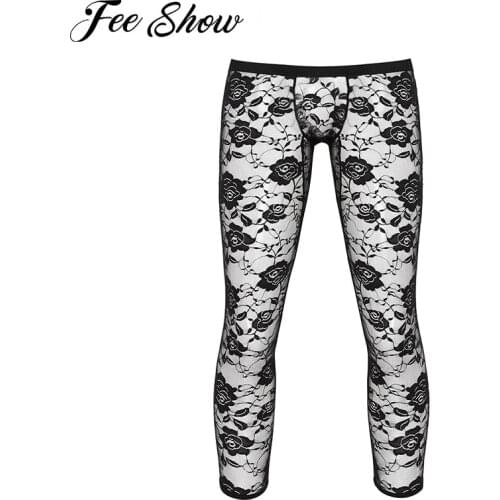 Mens Tights See Through Sheer Lace Legging Pants Pantalon Homme Low Rise Bulge Pouch Pants Trousers For Men Stretchy Leggings