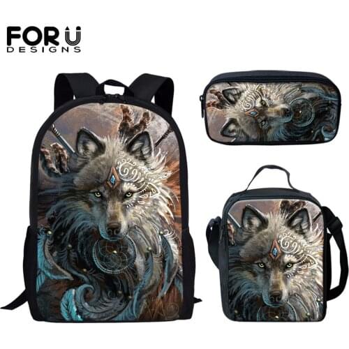 FORUDESIGNS Hot Sales Boys Book Backpack 3D Wolf Print Students School Bags Durable 3pcs Set Book Bags Daypack Mochila Escolar