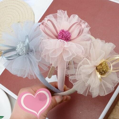 12pcs Fashion Cute Glitter Pom Pom Floral Hairbands Solid Lace Flower Hair Sticks Princess Headwear Girls Hair Accessories