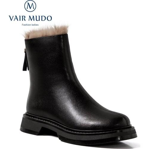 VAIR MUDO Motorcycle Boots Black Ankle Low Heel White Cow Leather Fur Wool Autumn Winter Solid Comfortable Square Heel DX147L