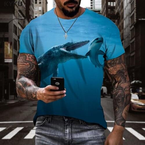 KYKU Shark T shirt Men Ocean Shirt Print Hip Hop Tshirts Casual Short Sleeve Hip hop Cool Slim O-Neck