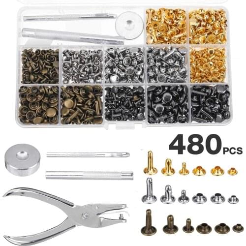 480/360/120Pcs Sets Leather Rivets Double Cap Rivet Tubular Metal Studs with Punch Pliers Tools for DIY Leather Craft Rivets Rep