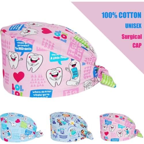 Wholesale Surgicals Cap Cotton Adjustable Lab Home Pet Nursing Hat Teeth Printing Working Hats Dental Clinic Staff Scrub Caps