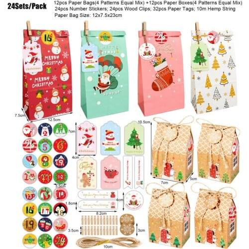 24 Sets Christmas Gift Bags Retro Creative Candy Bags Kraft Paper Bags Baking Packaging Bags Include Stickers Tags Cotton Rope