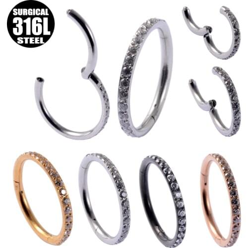 3PCS 316L Surgical Stainless Steel 16GCartilage Earring Side Paved Crystal Septum Clicker CZ Gem Nose Hoop Segment Ring Piercing