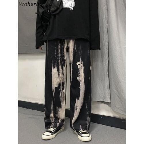 Woherb Tie Dye Print Cargo Loose Jogger Wide Leg Pant Harajuku Streetwear Korean Punk Trouser Woman and Man Hip Hop Track 2021