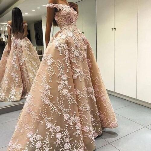 SuperKimJo Champagne Prom Dresses 2020 Off the Shoulder Floral Lace Applique Beaded Elegant V Neck Prom Gown 2021