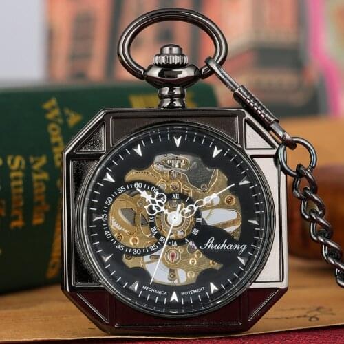 Vintage Octagonal Mechanical Hand Wind Pocket Watch Skeleton Dial Pendant Watch Fob Chain Clock Hours Men Women Gifts Relgio