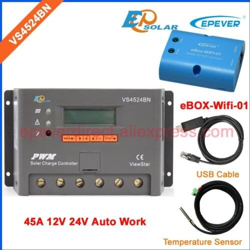 Wifi BOX USB cable communication VS4524BN New PWM Solar charger controller 45A 24V Temperature sensor 12V 45amps