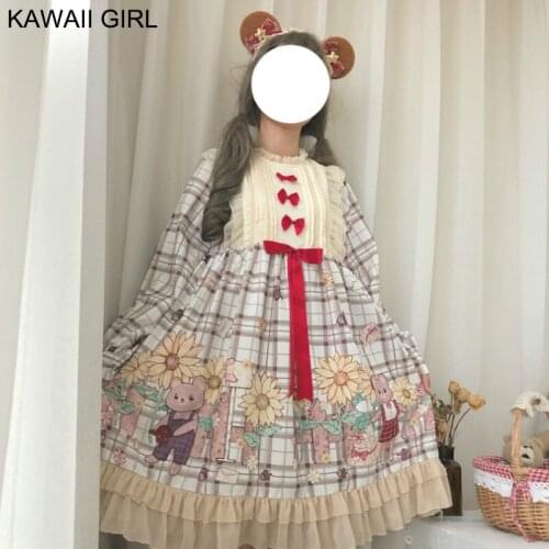 Bow Lolita Dress Sunflower Bear Soft Sister Long Sleeve Dress Japanese Sweet Cute Kawaii Girl Dresses 2020 Summer New Women