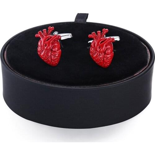 DY new high quality brass red heart Cufflinks black leather box set men French Cufflinks Gift Set FREE SHIPPING