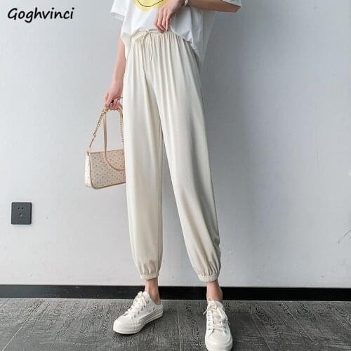 Women Pants Summer Loose Ice-silk Ankle-length Casual Bloomers Students Bundle Slim High Waist Lace-up Trousers All-match Chic