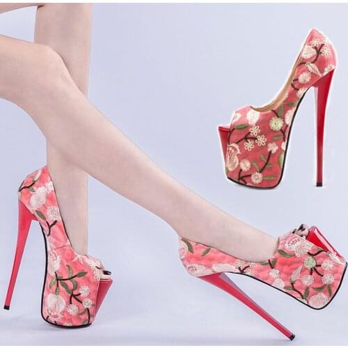 2019 Female Wedding Shoes Classics Embroider Flowers Shallow Peep Toe Women Pumps Solid Fashion High Heels Ladies Model Shoes