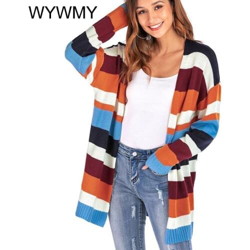 WYWMY Autumn Winter Knitted Cardigan Sweater Women V Neck Loose Striped Patchwork Cardigan Female Plus Size Ladies Knitwear Tops