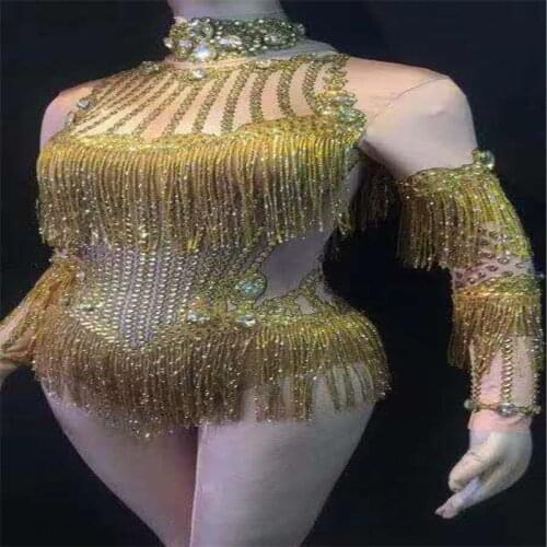 E43 Gold tassel bodysuit female pole dance costumes ballroom wears singer dress clothe bar performance club catwalk show tight