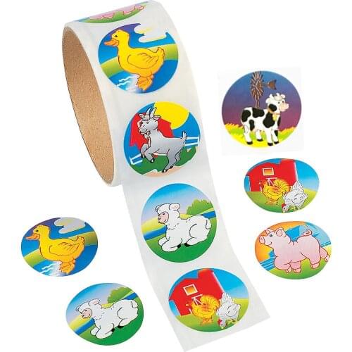 100Pcs 38mm Cartoon Stickers Farm Animal with Large Size Reel Sticker Farm Animal Cock Cow Duck Sheep & Pig Adhesive Paper