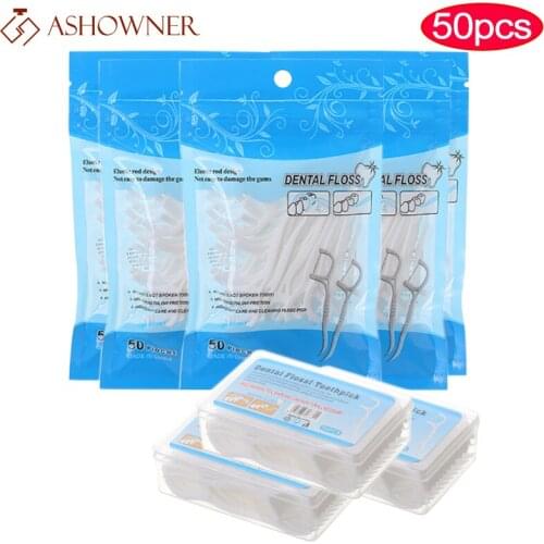 50pc Dental Floss Flosser Picks Toothpicks Teeth Stick Tooth Cleaning Interdental Brush Dental Floss Pick Oral Hygiene Care Pick
