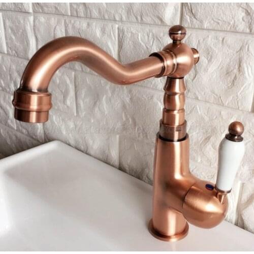 Antique Red Copper Deck Mount Bathroom Kitchen Vanity Sink Faucet Single Handle Kitchen Hot Cold Water Taps znf409