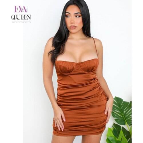 EvaQueen Satin Solid Ruched Mini Dress For Women Spaghetti Strap Zippered Bodycon Dresses Backless High Waist Sexy Party Vestido