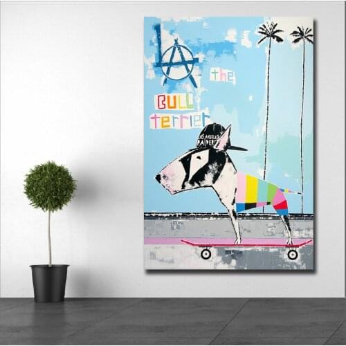 Large size Printing Bull Terrier Skateboard Dog Wall Art Picture Home Decor Living Room Modern Canvas Print No Frame Paintings