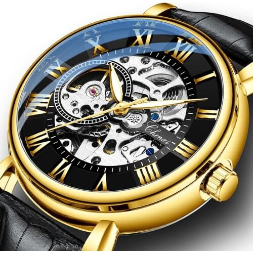Unique Luxury Men Automatic Mechanical Watch Golden Black Roman Numeral Genuine Leather Male Dress Watch Business Casual Clock