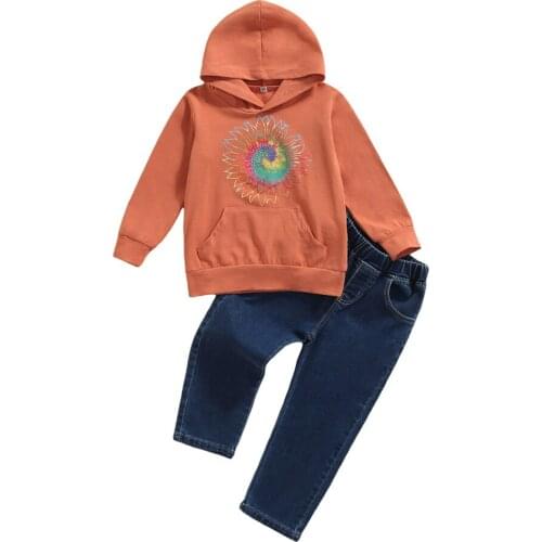 2021 2-7Y Kids Baby Girl Clothes Set Colorful Sunflower Print Long Sleeve Hooded Sweatshirt With Pocket+Denim Pants Casual 2pcs