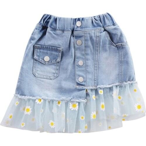 Girls Jean Skirts Holes with Tulle Mesh Flower Baby Girl Denim Skirts Toddler Childrens Clothes Kids Skirt for Girls 2 4 6 8 9Y