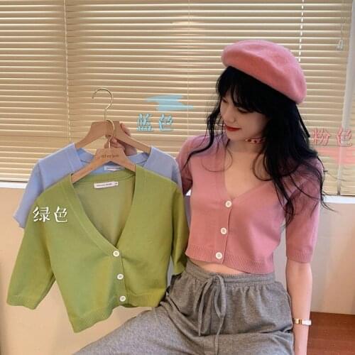 Womens Sweet V-neck Button Tshirt Short Exposed Navel Knitted Short Sleeve T-shirt Fashion Girls Cardigan Short Top