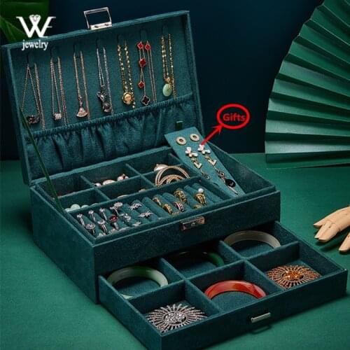 WE Green Blue Velvet Jewelry Box Storage Ring Display Case Portable Jewelry Organizer for Necklaces Joyeros Organizador De Joyas