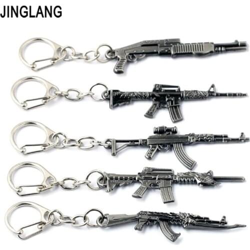 JINGLANG Fashion Lobster Clasp Metal Keyring Dangle Black Gun Color Game Gun Charms Keychains For Men Jewelry Pendants