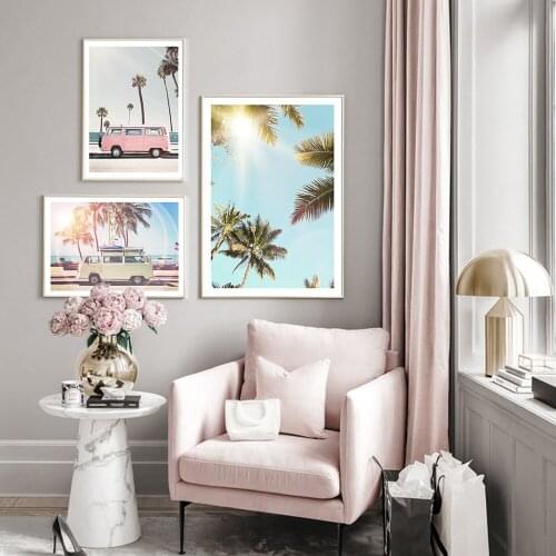 Seascape Canvas Paintings Art Plant Pink Retro Van Car Wall Art Poster Sunshine Pictures For Living Room Home Indoor Decorations