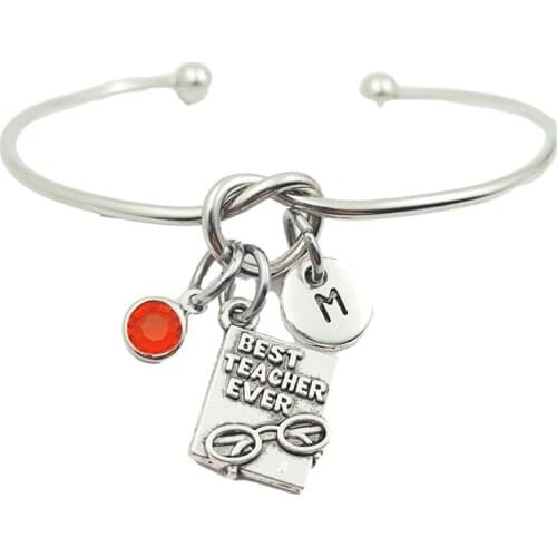 Best Teacher Ever Creative Initial Letter Monogram Birthstone Adjustable Bracelet Fashion Jewelry Women Gift Pendant