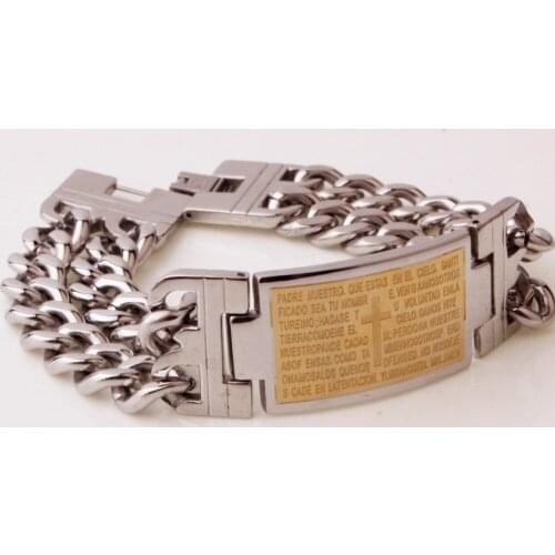Mens Religious Silver Gold Stainless Steel Spanish Bible Cross ID Double Row Chain Bracelet 23mm 9" Top Quality