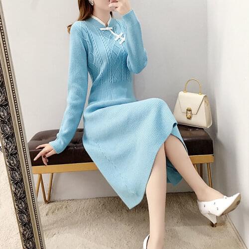 New 2021 Autumn Winter Knit Sweater Dress Women Plus Size Blue Casual Calf-length Vintage Long Dresses Female Clothing X368