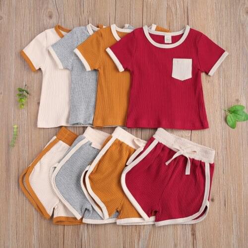 Summer New Kids Baby Girls Boys 2-piece Outfit Sets Short Sleeve Pocket RibbedTop+Shorts Set for Children Boys Girls
