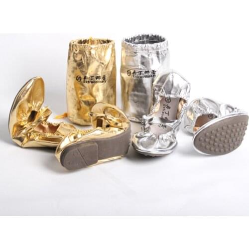 Wholesale Belly Dance Practice Silver/Gold Flats Soft Leather Pointe Gymnastics Foldable Ballet Flat