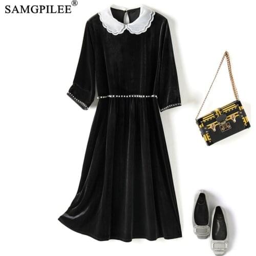 Autumn Dress For Women 2021 High Quality Korean Style Peter Pan Collar Gold Velvet Beaded Half Sleeves Slim Ladies Dresses 4XL