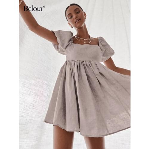 Bclout Vintage Sexy Square Collar Short Dress Woman 2021 Elegant High Waist A-Line Dresses Spring Puff Sleeve Casual Vestido
