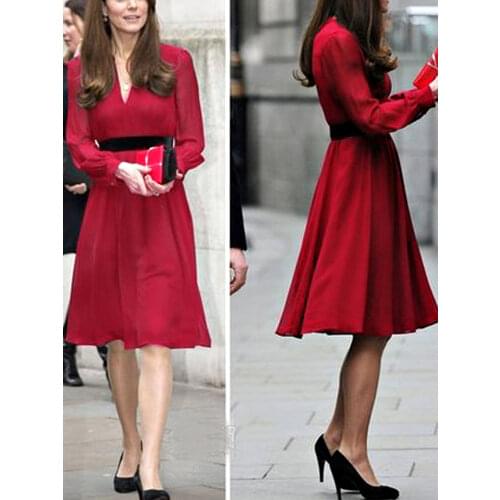 Kate Middleton Elegant New Womens Dress Spring Autumn High Quality V-neck Long Sleeve Party Casual Office Fashion Midi Dress