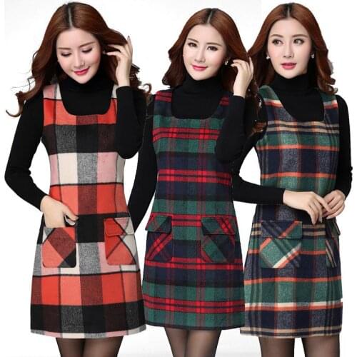Plus size 5XL Women Woolen Dresses Fashion Slim Elegant Plaid Sleeveless Dress Female Casual Vest Dress 2019 Autumn Winter New