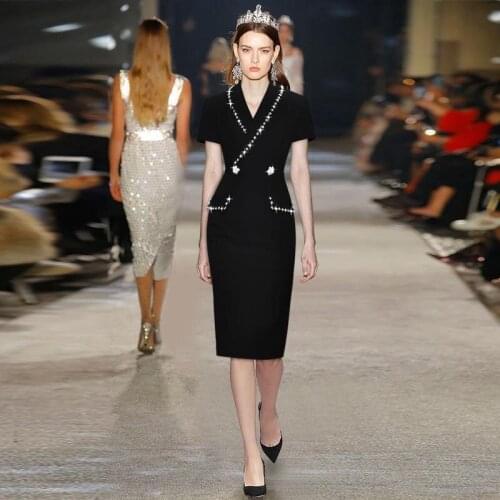 Catwalk Design Party Dresses Fashion Suit Lapel Rhinestone Black Evening Dress Fit Slim Ankle Length Summer Girl Dress In Stock