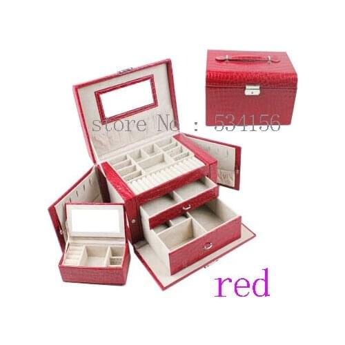 Practical multifunctional 3 layer watch box earrings necklaces pendants leather jewelry box red gift box free shipping