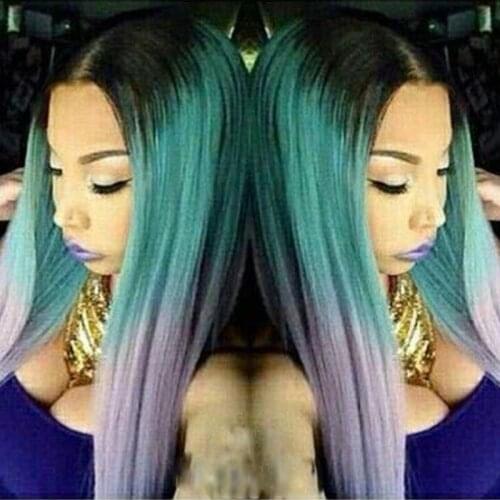 Straight Highlight Cosplay Ombre Glueless Purple Green Transparent Lace Synthetic Lace Front Wig Silk Base 13x4 Lace Frontal Wig