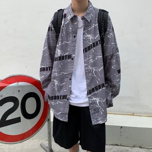 Oversize Autumn Korean Mens Long Sleeve Shirts 2020 Hip Hop Letter Printed Man Loose Blouse Streetwear Men Casual Shirt