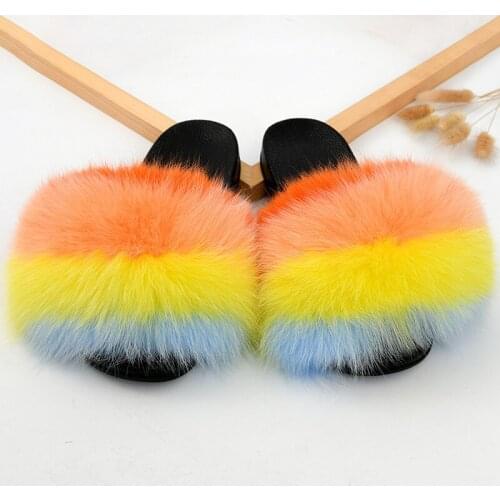 Wholesale Summer Womens Fox Fur Slippers Ladies Fashion Fluffy Sandals Female Casual Non-Slip Flip Flops Girls Plush Slides