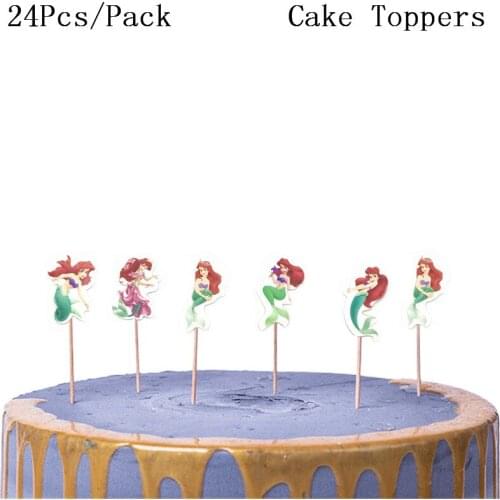 24PCS Disney Cake Topper Little Mermaid Decorations Happy Birthday Toppers Children Birthday Dessert Decoration Party Supplies