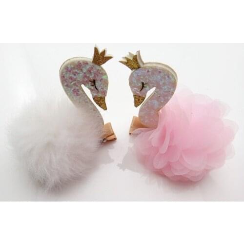 2020new Arrivals Cute White Furry Ball Swan Hair Clip Pink Yarn Ball Swan Headdress Cartoon Animal Stereo Hairpin Hair Accessory