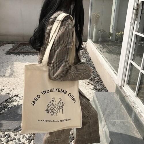 Women Large Canvas Bag Jardin du Luxembourg Cotton Cloth Shoulder Bag French Letter Print Big Handbag Casual Tote Shopping Bags