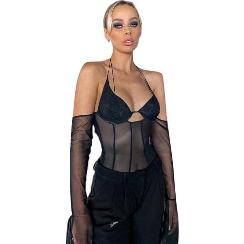 Autumn Womens Long-sleeved T-shirt New Sexy Halter Neck Lace Backless Mesh Stitching Top Womens Clothing Y2k Top