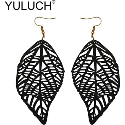 YULUCH Women Big Pendant Earrings 2019 Pop Hollow Wood Leaf Pattern Long Dangle Earrings Fashion Jewelry For Women Wedding Party